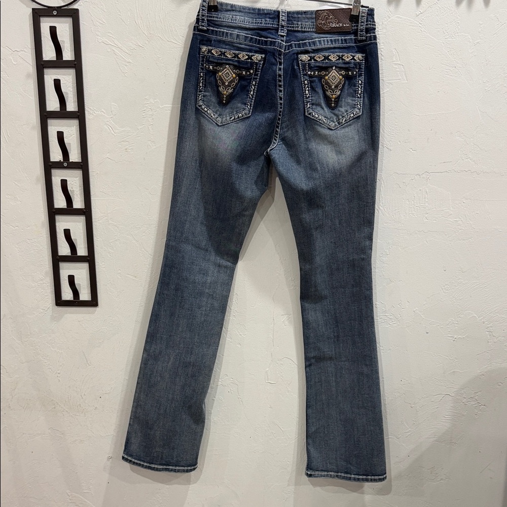 Grace Women's Blue Boot Cut Jeans with Embellished Pockets